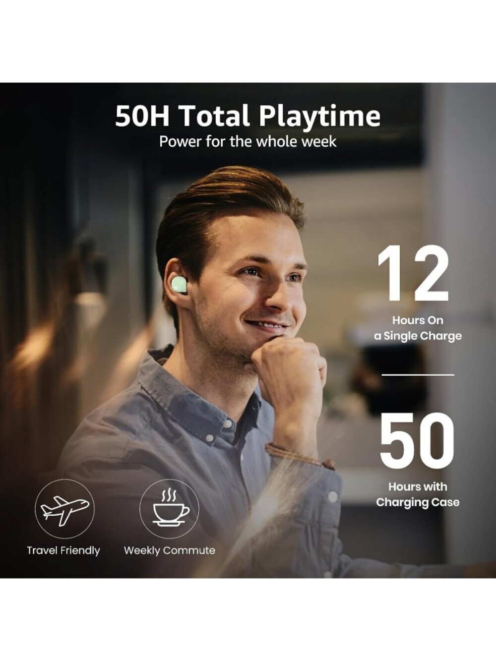 Wireless Green Stereo Sound 50 Hours Playtime Waterproof Bluetooth 5.3 Earbud - Picture 3 of 6